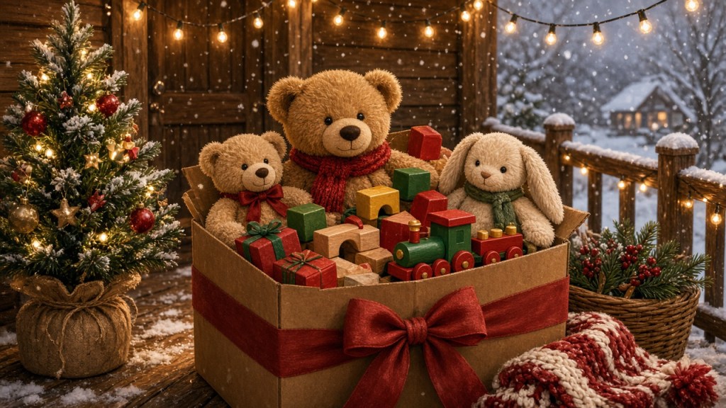 A cardboard gift box with a red bow overflowing with teddy bears, wooden blocks, and a toy train, beside a small decorated Christmas tree on a snowy porch
