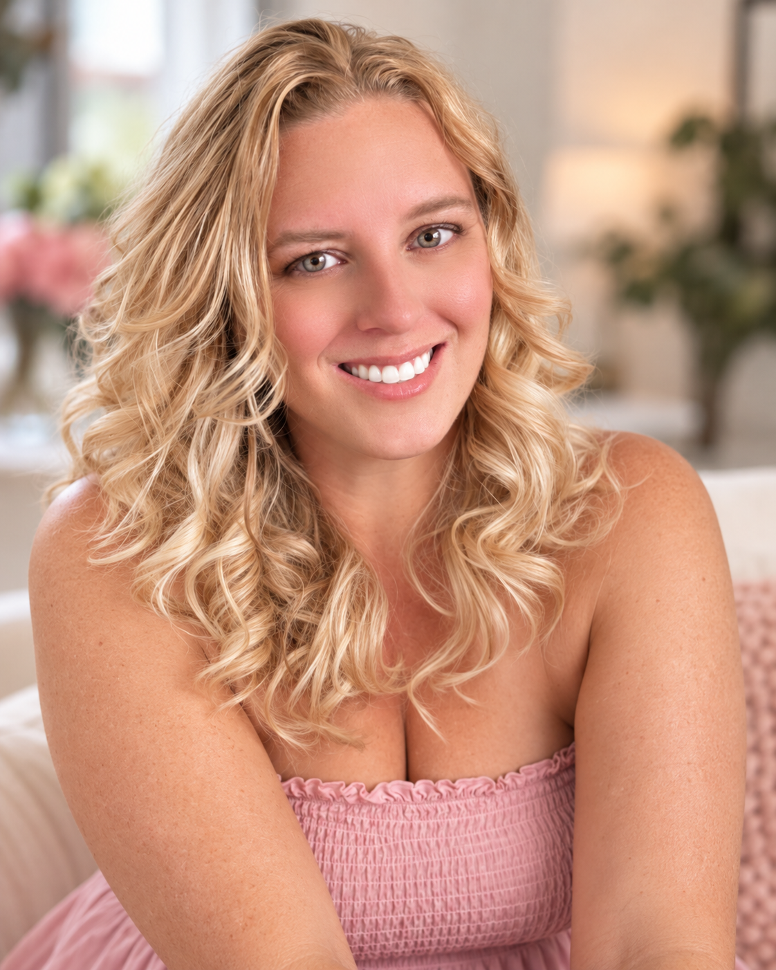 Chanda smiling in a blush pink top with softly curled blonde hair