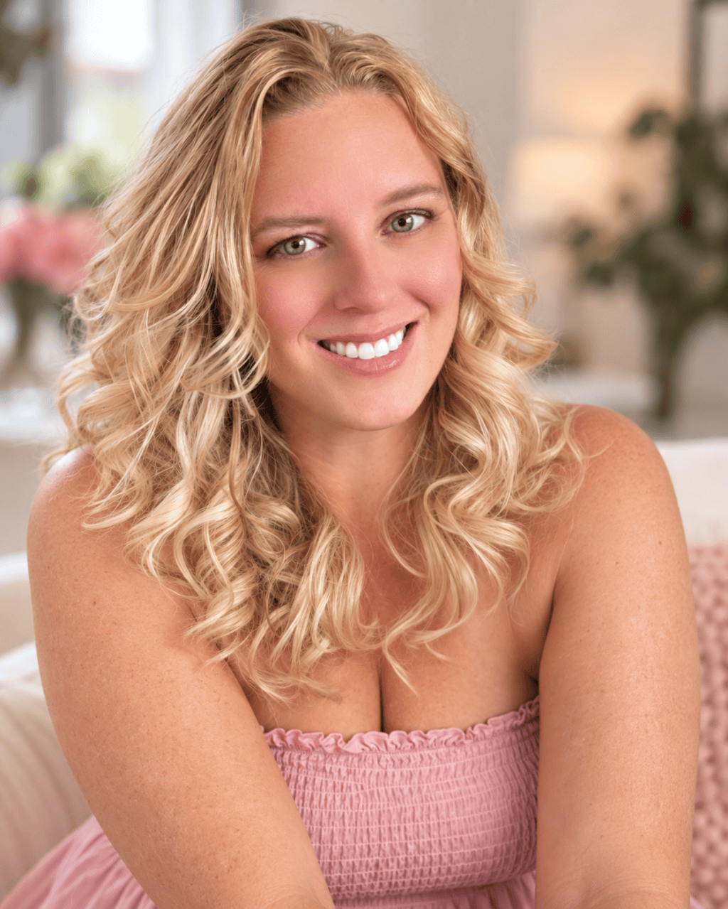 Chanda smiling in a blush pink top with softly curled blonde hair